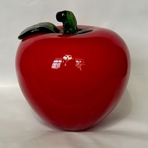 Murano Style Hand Blown Glass Red Apple w/ Green Leaf and Stem 4" Tall